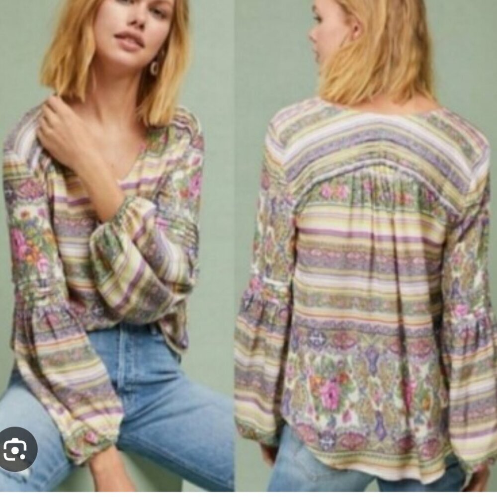 Anthropologie Maeve Peasant Blouse Sz XSmall Floral Boho Gypsy Hippie Cottage